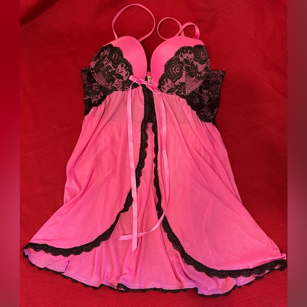 Hot pink black lace babydoll top